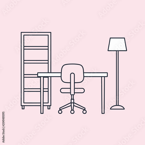 An office interior with furniture and a lamp against a pink background