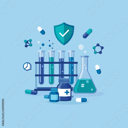Medical laboratory illustration with pills, test tubes and a protective shield