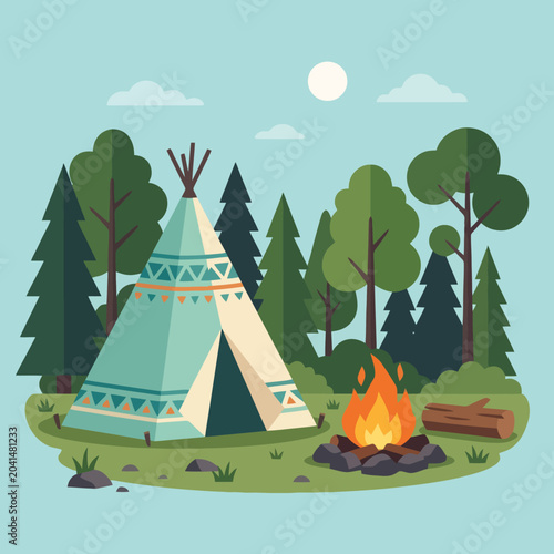 A colorful illustration of a campsite with a tent and a campfire scene