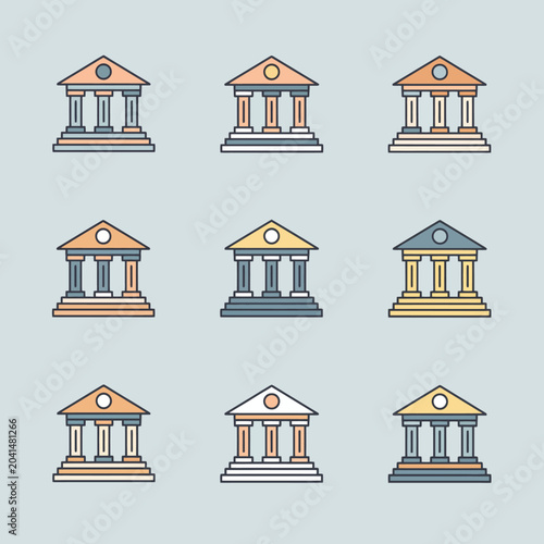 A collection of various building icons with different color schemes and designs