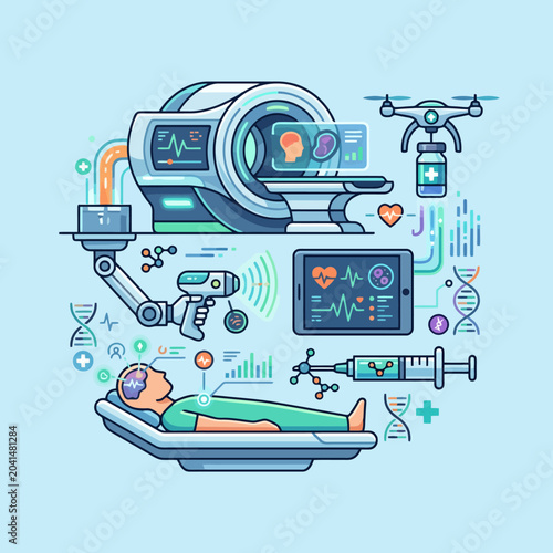 Medical technology illustration showing patient scanning and futuristic medical