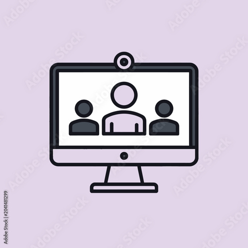 A computer screen displays a video conference with three generic figures
