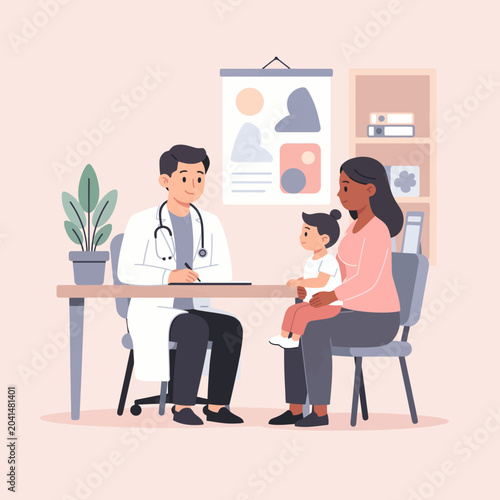 A doctor consults with a mother and child in a medical office setting