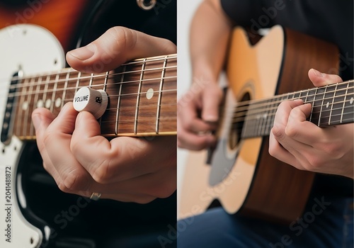 Guitarists Hands Playing Instruments - Electric and Acoustic.
