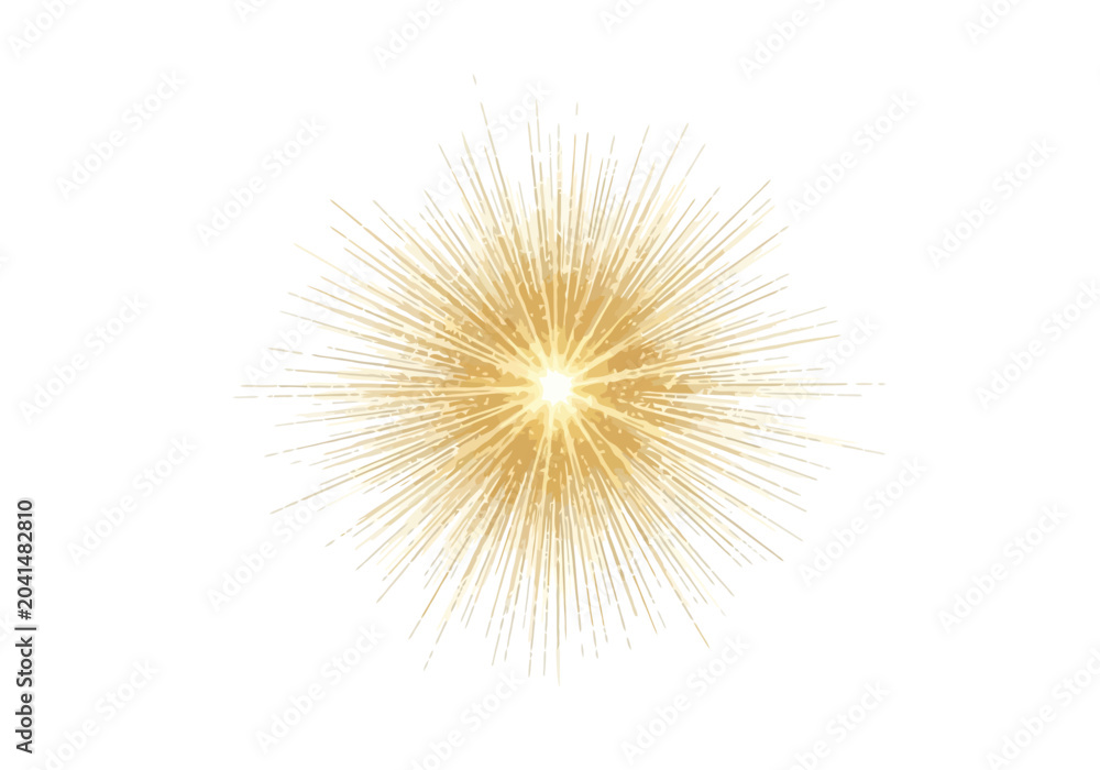 Naklejka premium A radiant golden starburst effect with glowing light rays emanating from a central point.