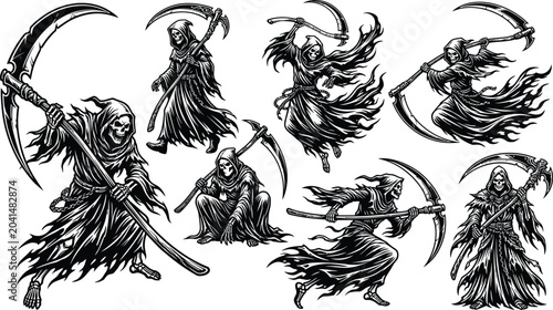 Cuadro en lienzo Grim reaper skeleton character collection holding sharp scythe weapon in various action poses tattoo style vector illustration set