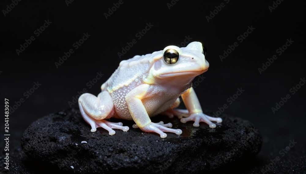 Obraz premium Pale albino tree frog with golden eyes perched on a dark rock against a black background