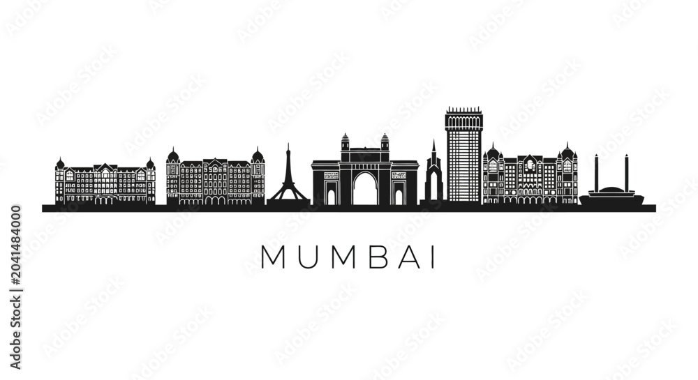 Fototapeta premium Mumbai's Urban Silhouette: Iconic Architecture Against White