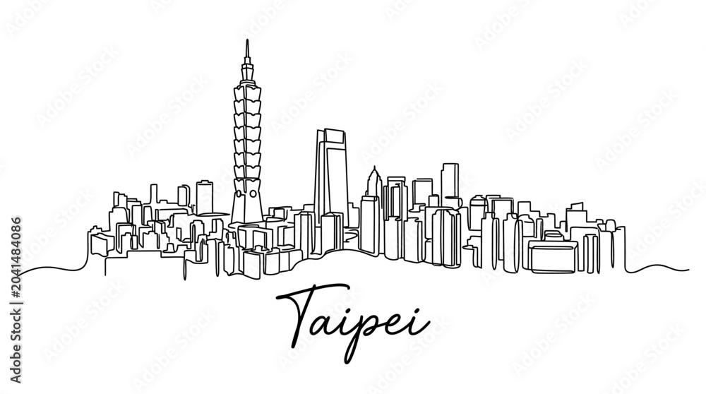 Naklejka premium Taipei City Skyline Illustration, One Line Art, Minimalist Design