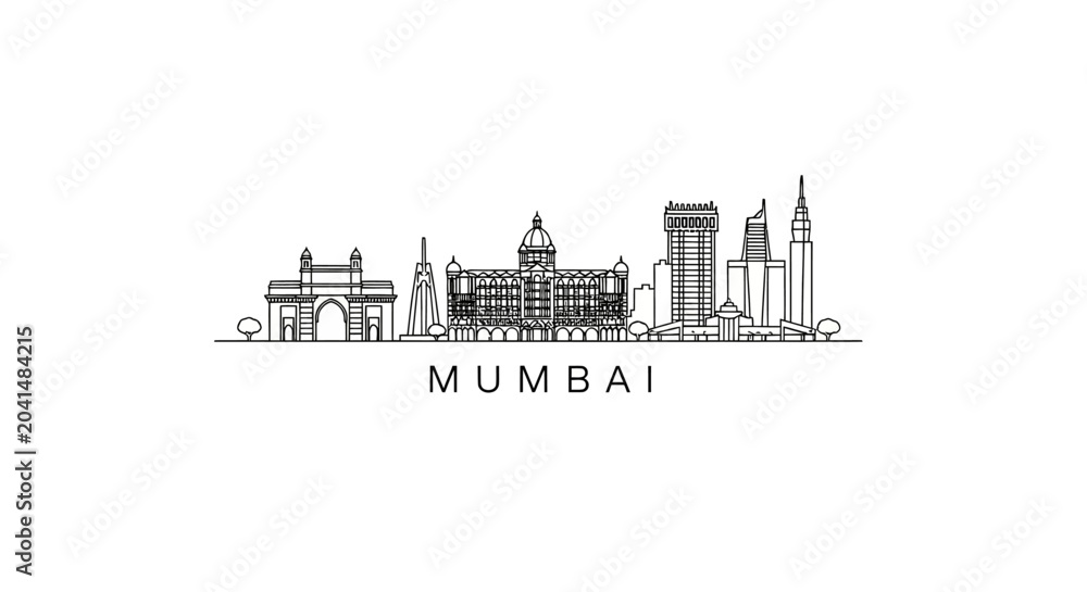Obraz premium Mumbai Skyline Illustration, Architectural Structures, Cityscape Outline