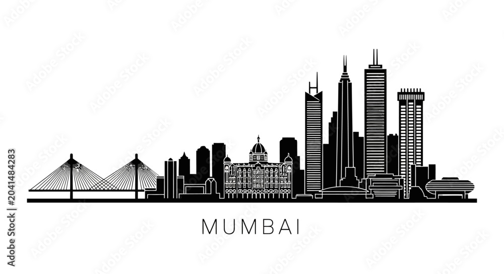 Obraz premium Mumbai Skyline Silhouette: Cityscape Illustration, Black and White