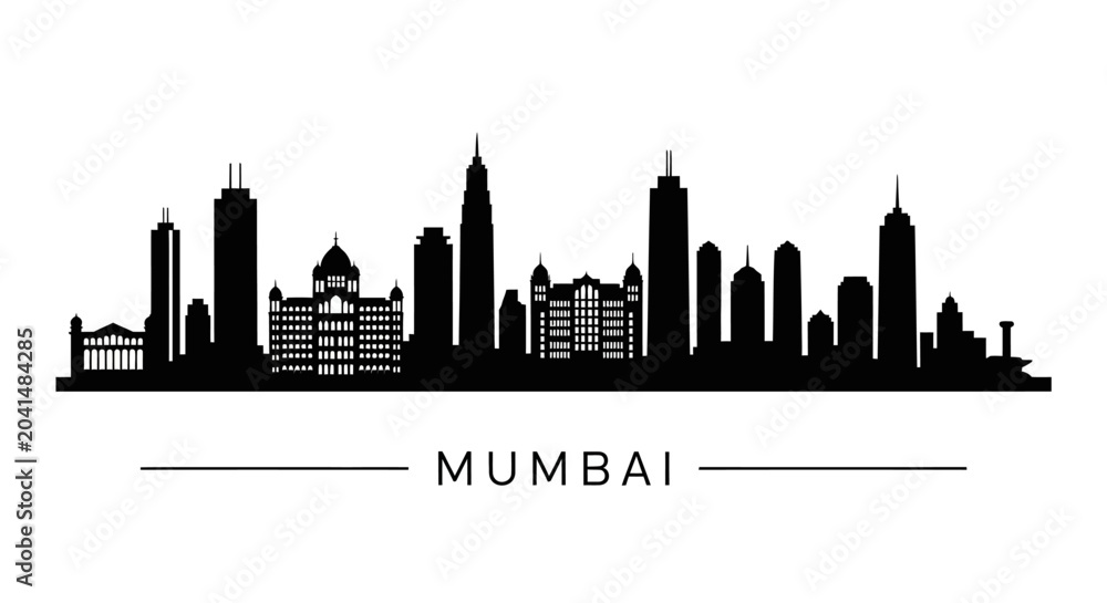 Fototapeta premium Mumbai Skyline Silhouette: Cityscape Illustration, Black and White