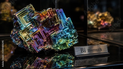 Bright bismuth crystal specimen displayed in a museum with vibrant colors and unique shapes under glass case