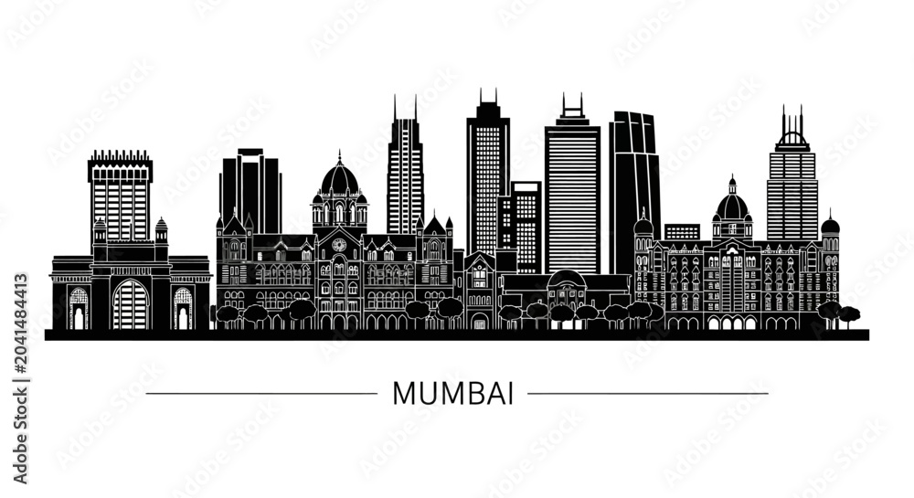 Obraz premium Mumbai Skyline Silhouette: Iconic Cityscape Black and White