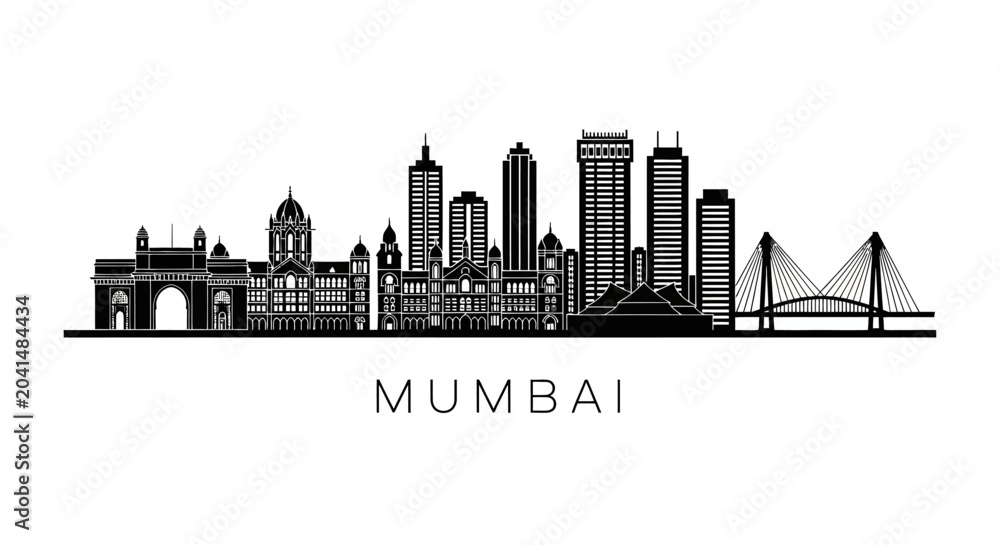 Obraz premium Mumbai Skyline Silhouette: Iconic Cityscape Design in Black and White