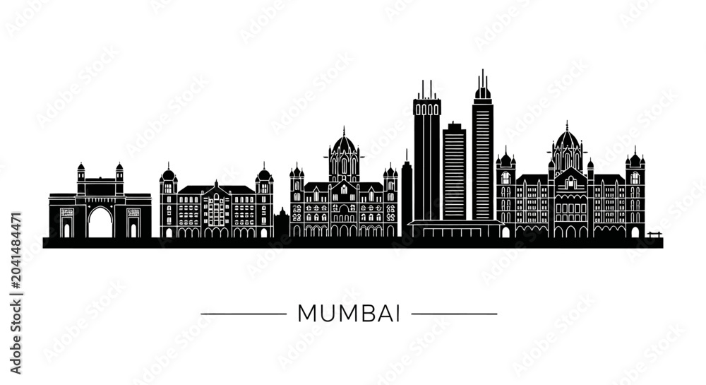 Obraz premium Mumbai Skyline Silhouette: Iconic Cityscape Illustration, Black & White