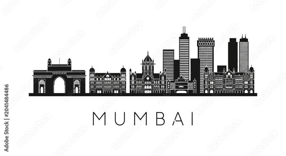 Fototapeta premium Mumbai Skyline Silhouette: Iconic Cityscape Illustration, Black and White