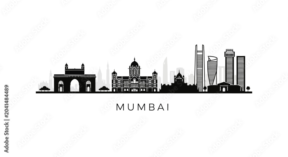 Fototapeta premium Mumbai Skyline Silhouette: Iconic Cityscape Illustration