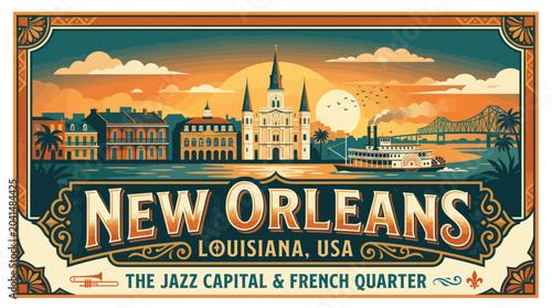 Obraz na płótnie New Orleans Vintage Travel Poster: French Quarter, Mississippi Riverboat, Sunset
