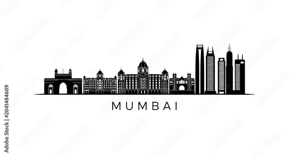 Obraz premium Mumbai Skyline Silhouette: Iconic Indian Cityscape Against White Backdrop