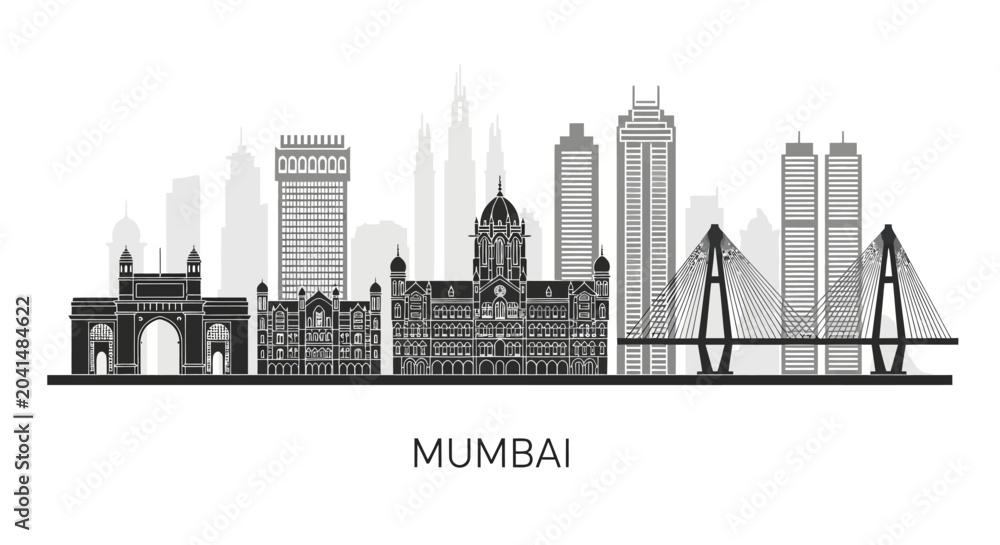 Obraz premium Mumbai Skyline Silhouette: Iconic Indian Cityscape Against White