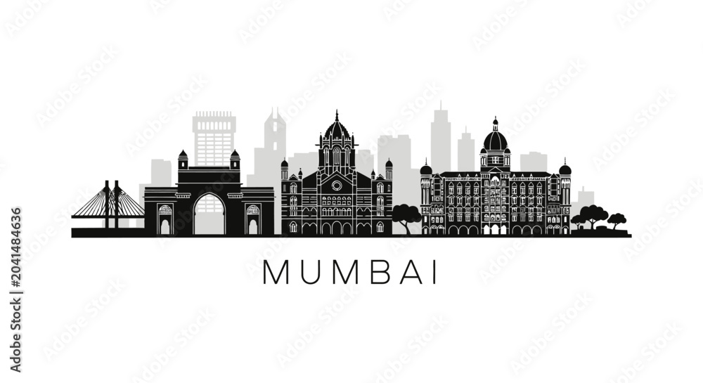Obraz premium Mumbai Skyline Silhouette: Iconic Landmarks Cityscape Monochrome.