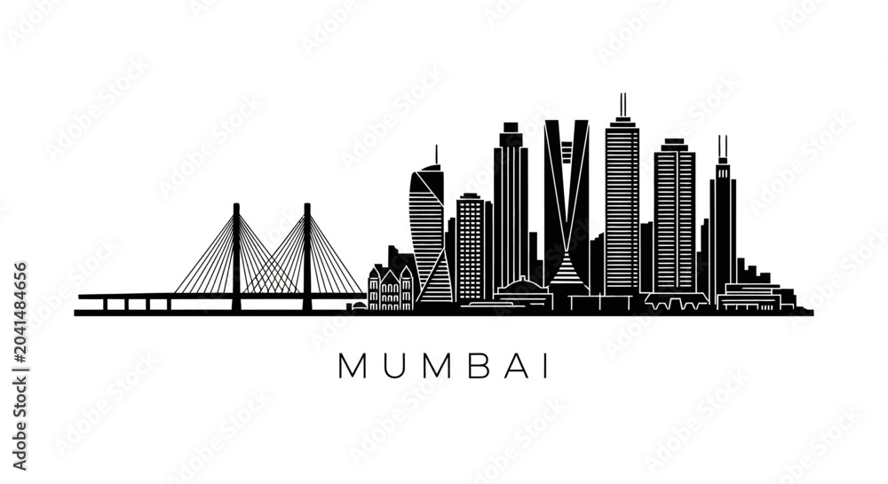 Obraz premium Mumbai Skyline Silhouette: Modern Architecture, Bridge, Cityscape Black & White