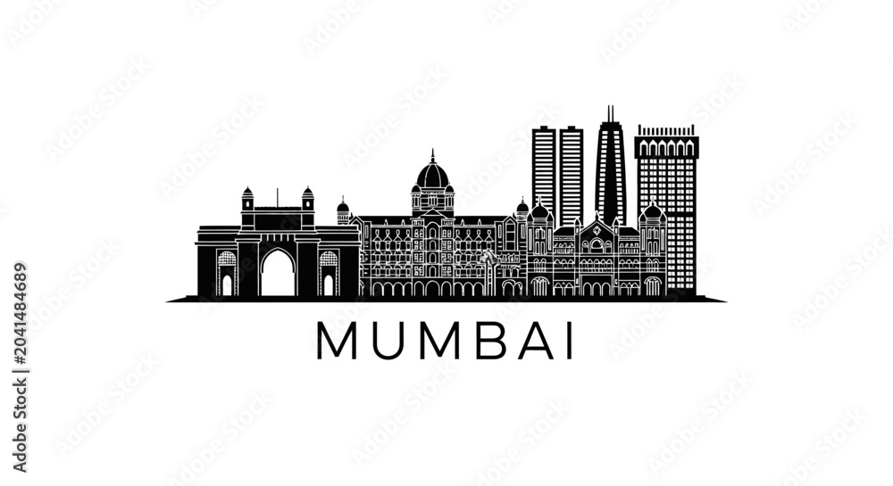 Obraz premium Mumbai skyline silhouette, India cityscape illustration, black architectural design