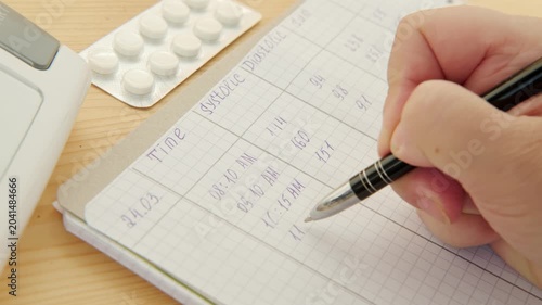 health daily tracking, hand writing blood pressure readings from monitor on sheet of paper, documenting blood pressure results, self-monitoring measurement, cardiovascular health