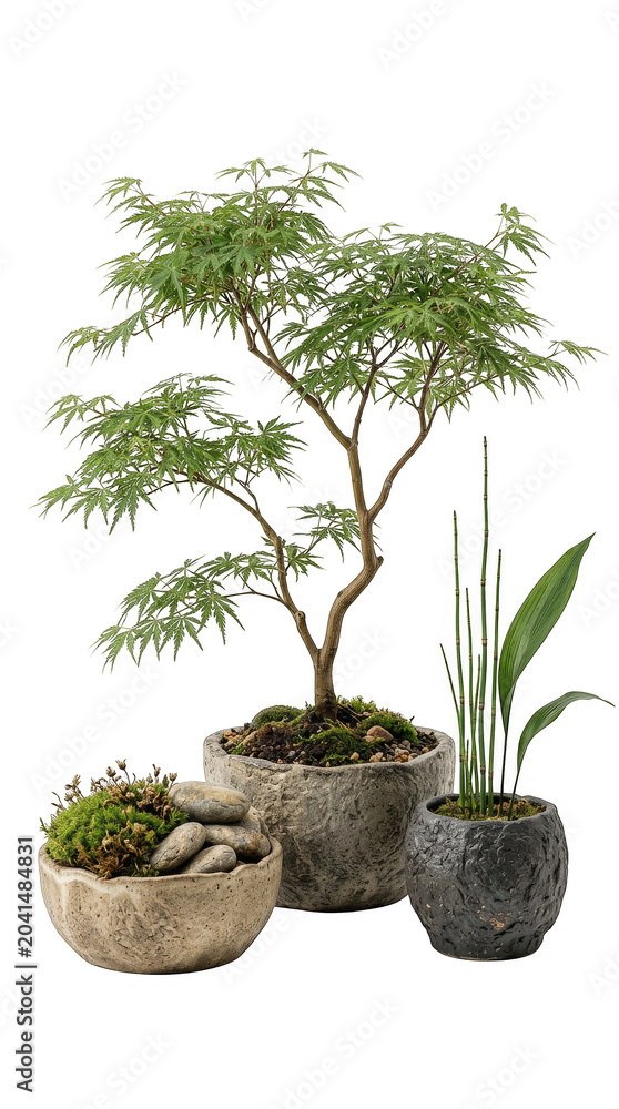 Fototapeta premium Potted green bonsai, moss bowl, and upright plants in natural pots isolated