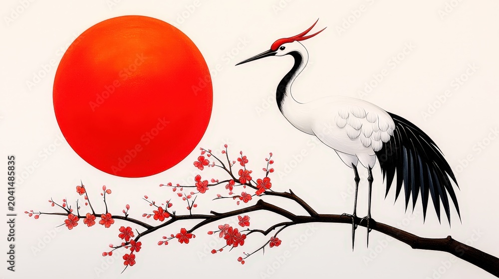 Fototapeta premium Elegant Crane Standing on Cherry Blossom Branch Under Bright Red Sun with White Background
