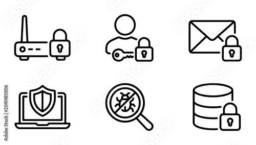 Cybersecurity Icons Set: Network Security, User Access, Email Protection, Data Encryption, Antivirus Scan, Database Lock, Digital Safety Vector Graphics