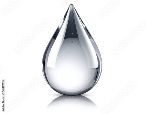 Shiny water droplet with reflection on a white background.