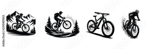 Fotografía Mountain biking adventure illustration set featuring cyclists and bicycles in bl