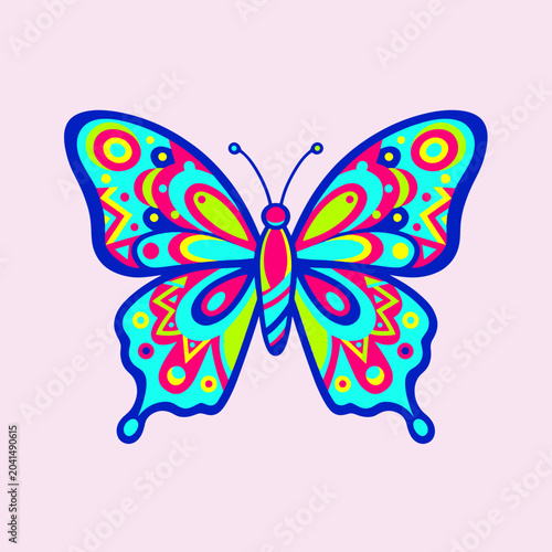 A vibrant and colorful illustration of a symmetrical butterfly on a light