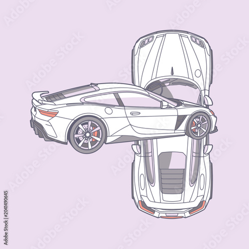A detailed illustration of a generic vehicle with its hood open and raised