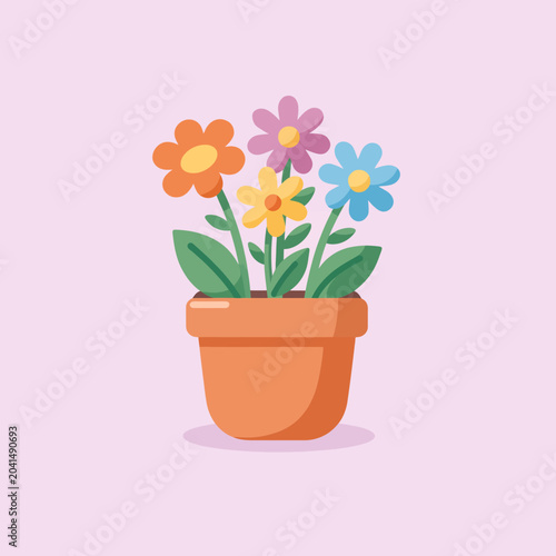 A colorful illustration of flowers in a pot with a soft, pink background
