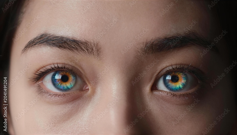 Fototapeta premium Close-up of human eyes with vivid blue-green irises and golden inner rings, showing detailed lashes, brows, skin texture and an intense direct gaze