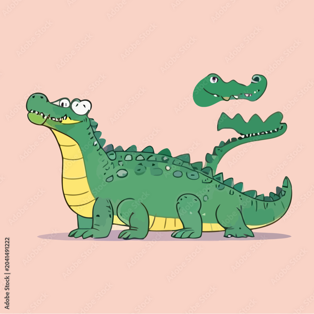 Fototapeta premium A cute green cartoon crocodile stands on a soft background