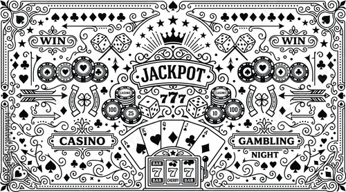 Quadro su tela Ornate vintage casino background doodle vector illustration featuring gambling elements slot machine jackpot cards dice and lucky horseshoes