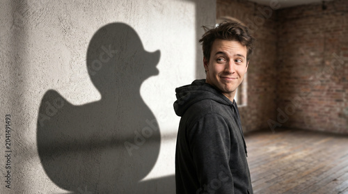Young Man Casting a Rubber Duck Shadow on Wall in Empty Room