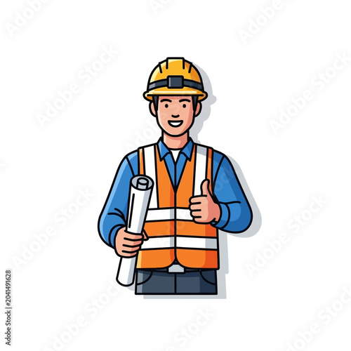 Smiling construction worker holding blueprint with thumbs up gesture