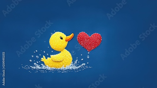 Cute yellow rubber duck swimming in water with a red heart on a blue background celebrating love and joy