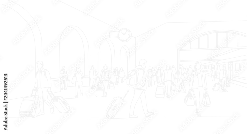 Fototapeta premium Sketchy Outline of Busy Train Station with Travelers and Luggage