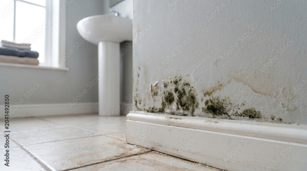 Fototapeta premium Damaged bathroom wall showing significant dark mold growth and water stains peeling off the paint surface
