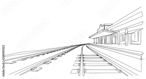 Obraz na plátně Train station tracks and platform, linear perspective drawing, travel concept