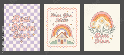 Set of three retro groovy mothers day greeting cards with rainbows, flowers, and checkered patterns in pastel colors