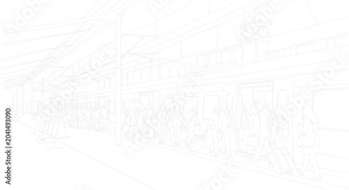 Vászonkép Sketchy Subway Train Interior with Passengers and Seats, Urban Commute Line Art