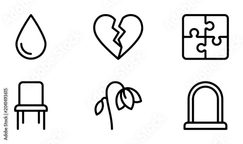 Fotografía Grief and Loss Icons Set, Funeral and Sadness Symbols, Broken Heart and Tear Dro
