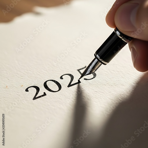 Hand Writing the Year 2025 With a Fountain Pen on Paper.